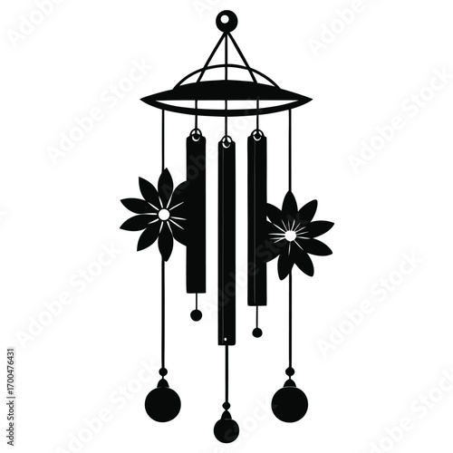 Black Silhouette Image of Floral Wind Chime Decoration with Hanging Beads and Chimes