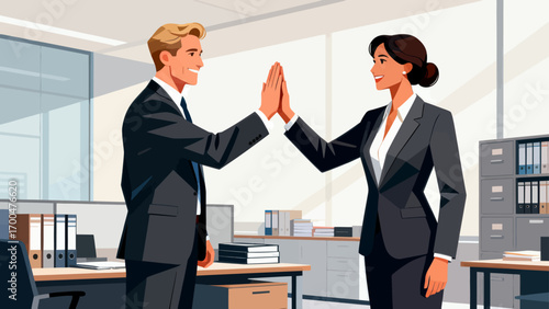 Business figures encourage each other, happily high-five, hand-drawn vector illustrations