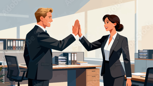 Business figures encourage each other, happily high-five, hand-drawn vector illustrations