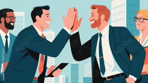 Business figures encourage each other, happily high-five, hand-drawn vector illustrations