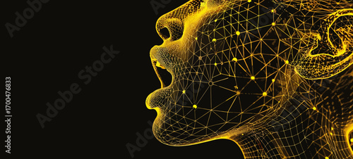 The image is a glowing wireframe of a woman's face