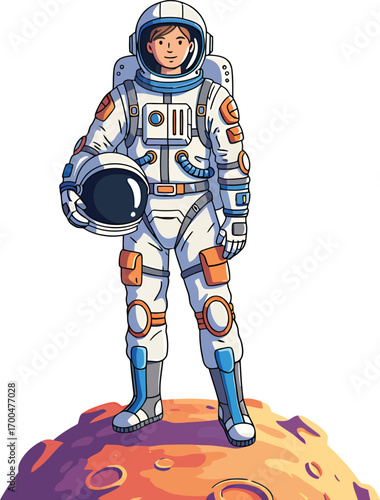 Illustration of a space explorer, an inspiring astronaut profession for future generations standing on a celestial body