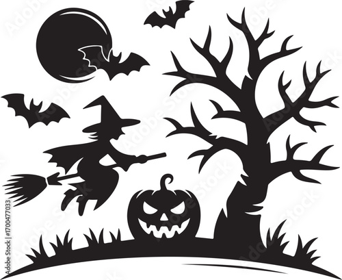 Spooky Halloween silhouette with witch bats pumpkin and haunted tree