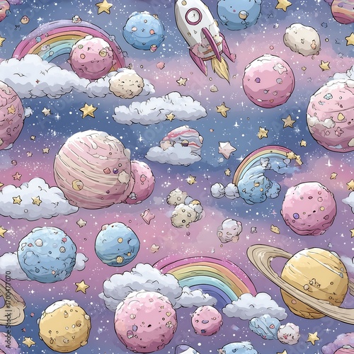 Cartoon planets stars and rocket ship in pastel space illustration