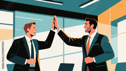 Business figures encourage each other, happily high-five, hand-drawn vector illustrations