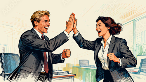 Business figures encourage each other, happily high-five, hand-drawn vector illustrations