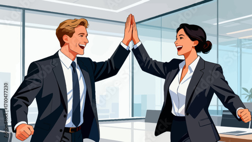Business figures encourage each other, happily high-five, hand-drawn vector illustrations