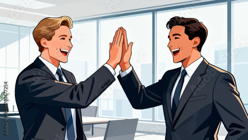 Business figures encourage each other, happily high-five, hand-drawn vector illustrations