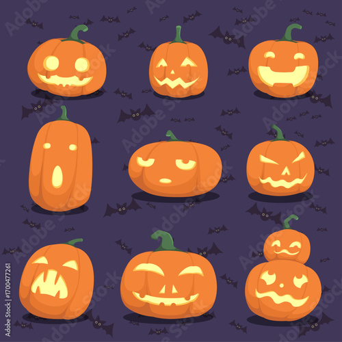Cute Halloween pumpkins with carved faces and flying bats vector illustration