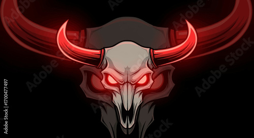 Digital illustration of a menacing bull head mascot with glowing red eyes and horns on a dark background, conveying a fierce and intense mood.