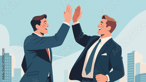 Business figures encourage each other, happily high-five, hand-drawn vector illustrations