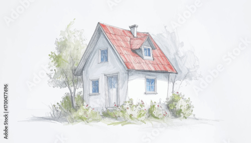 Minimalist white house sketch with flowers. Small home drawing with soft colors. House illustration with pastel tones. Charming white house with floral touches. Simple home sketch with soft shades
