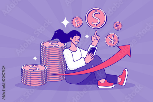 Successful woman using a mobile app for online investment and currency exchange. Stacks of coins, an upward arrow, and forex symbols (dollar, euro, yen) represent financial growth and profit.