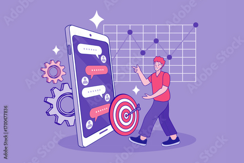 Digital marketing concept. A marketer achieves a goal, hitting a target audience with a mobile chat strategy. A rising graph shows successful campaign data and growth. Vector illustration.