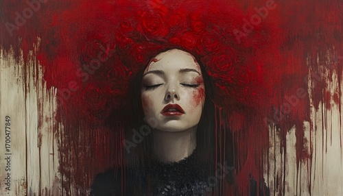 A painting shows a young woman with closed eyes, wearing a crown of red roses, against a background of red and beige paint.