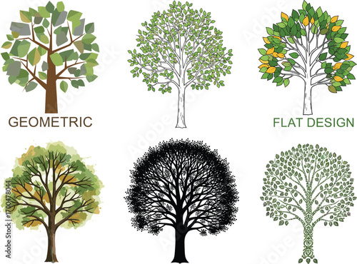 Stylized tree vector set, geometric, flat, watercolor, silhouette, decorative foliage designs, nature clipart, botanical artwork, landscape illustration bundle