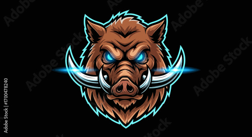 Digital illustration of a fierce boar head mascot with glowing blue eyes and sharp tusks against a solid black background with neon-like accents.