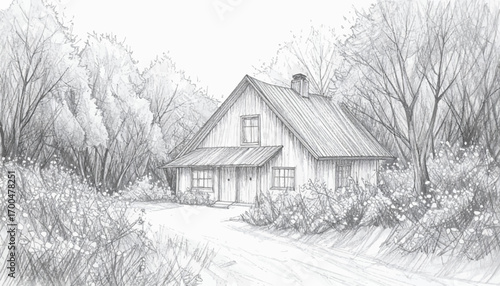 Rustic rural house pencil drawing. Peaceful country home sketch in nature. Hand-drawn home surrounded by nature. Country house in nature pencil drawing. Simple house sketch with garden and trees