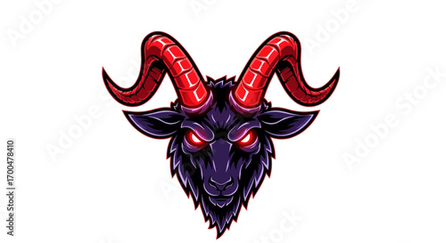 Illustration of a purple goat head mascot with red horns and glowing eyes on a white background