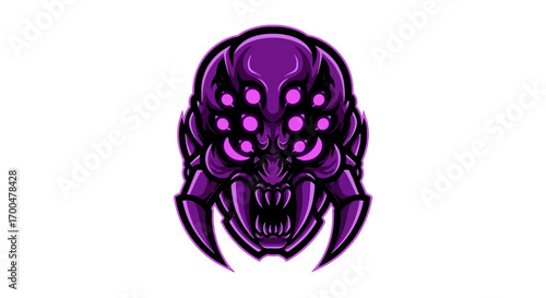 Purple head mascot with sharp teeth and claws on a white background, showcasing a menacing illustration in a digital art style with a dark and ominous mood.