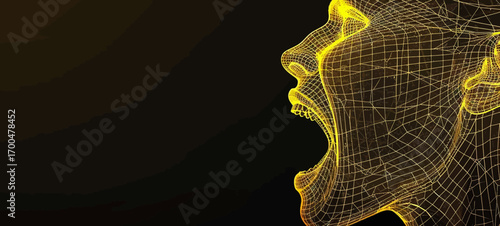 The image is a glowing wireframe of a woman's face