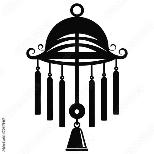 Decorative Bell Chime Black Silhouette with Intricate Ornamentation, Hanging Bell and Tassel Accents