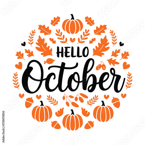 Vector art of hello october text with pumpkins and autumn leaves arranged in a circle