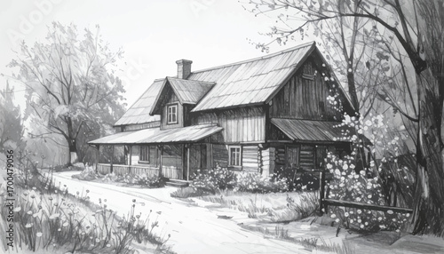sketch of rural home with flowers. Classic countryside house pencil drawing. Beautiful home in black and white sketch. Artistic drawing rural house design. Rustic house surrounded by blooming garden
