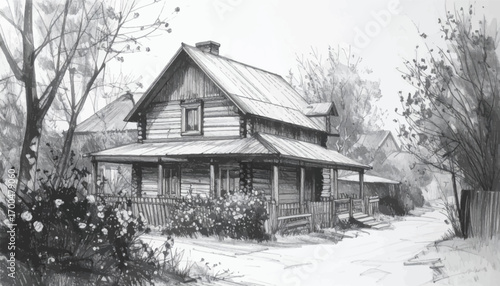 Cozy countryside home in sketch style. Charming rural house in pencil drawing. Tranquil rustic home in black and white. Hand-drawn house surrounded by nature. Artistic sketch of a countryside house