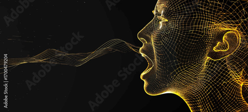 The image is a glowing wireframe of a woman's face