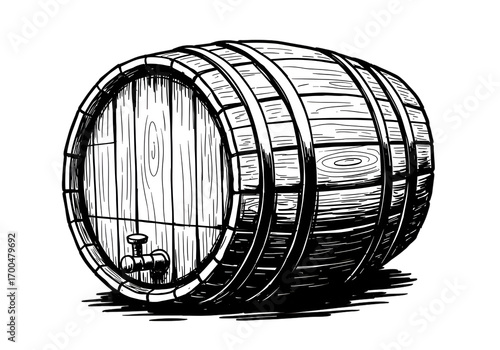 Detailed Black And White Illustration Of Wooden Barrel Isolated on Transparent Background