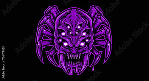 A purple spider-like creature head mascot with glowing eyes and sharp teeth on a black background with a menacing and futuristic feel.