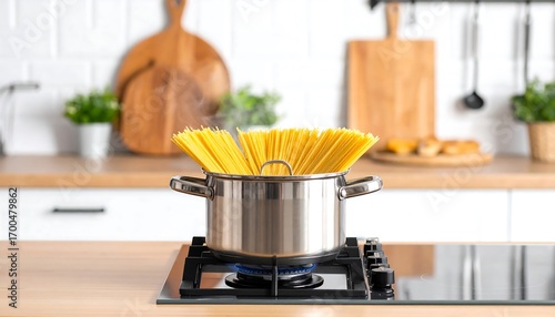 Stainless steel pot of pasta cooking on a stovetop