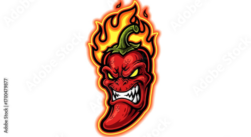 A cartoon red chili pepper head mascot with a fiery expression and flames around it on a white background.