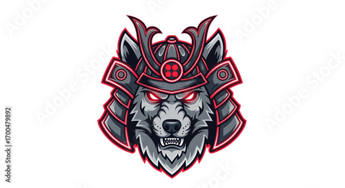 Illustration of a fierce wolf's head wearing a samurai helmet with red accents and a menacing expression on a white background.