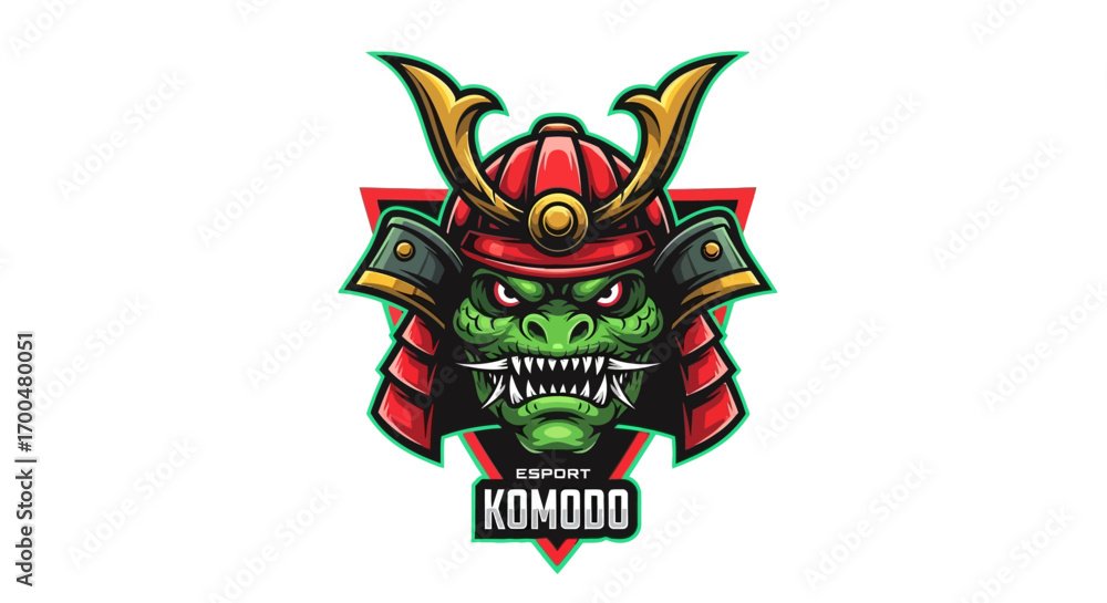 Obraz premium A green dragon head mascot wearing a red samurai helmet with gold accents and sharp teeth on a white background.
