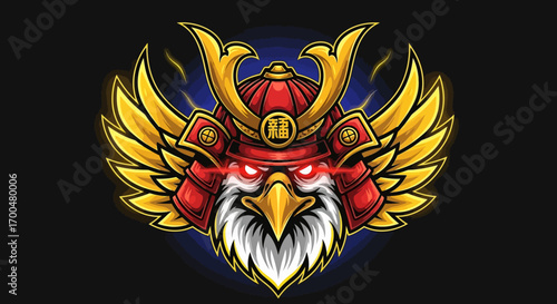A vibrant illustration of a bird's head wearing a samurai helmet with golden horns and red accents, set against a dark background with a bold and striking composition.