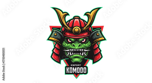 A green dragon head mascot wearing a red samurai helmet with gold accents and sharp teeth on a white background.