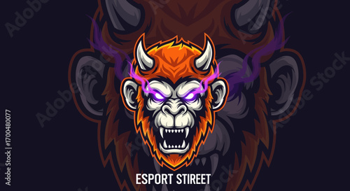 Angry orange monkey mascot with horns and glowing eyes, suitable for esports or gaming branding.