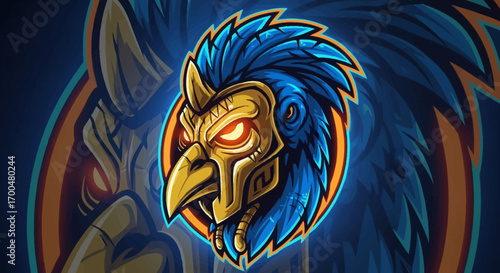 Close-up of a stylized graphic design featuring a bird's head, possibly a rooster or similar avian creature, with a warrior-like helmet and vibrant colors.