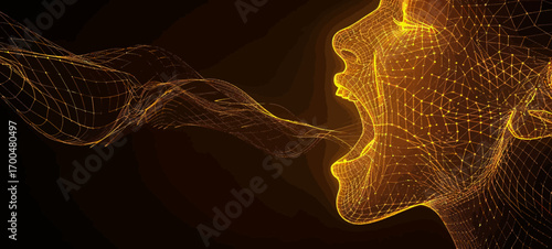 The image is a glowing wireframe of a woman's face
