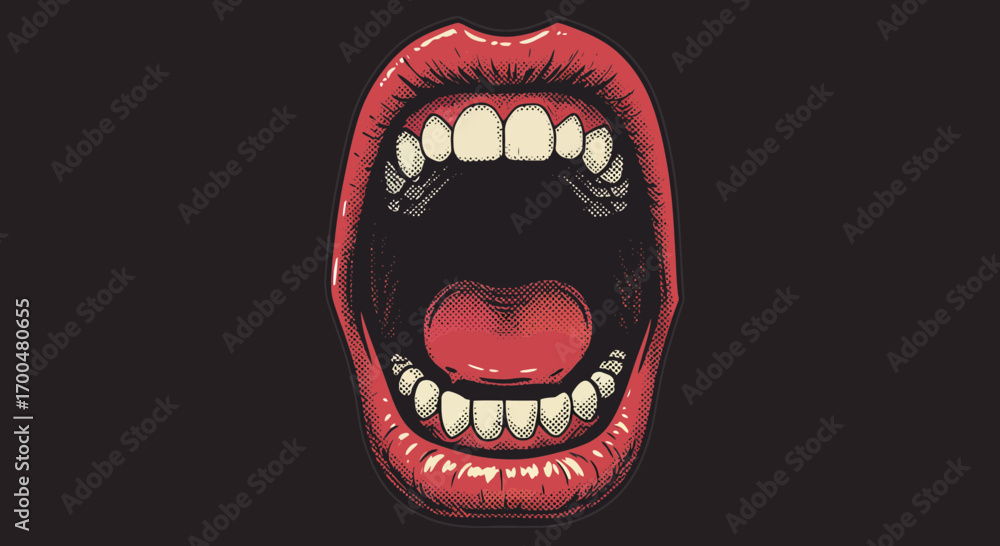 Fototapeta premium Wide open mouth vector illustration with halftone effect and red lips