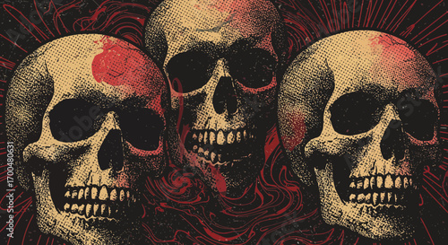 Disturbing trio of skulls set against a blood red abstract background