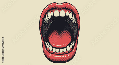 Illustration of an open mouth with red lips and white teeth in vintage style