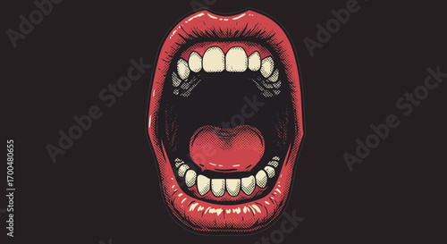Wide open mouth vector illustration with halftone effect and red lips