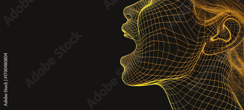 The image is a glowing wireframe of a woman's face