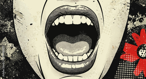 Expressionistic artwork of a screaming mouth with halftone and floral accents
