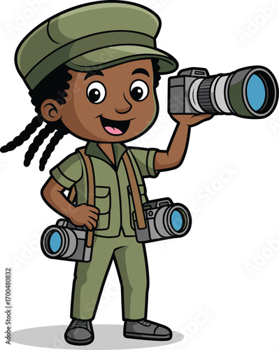 Happy cartoon boy photographer with camera, holding professional camera lens, smiling child wearing green outfit, kids photography hobby, creative photo shooting