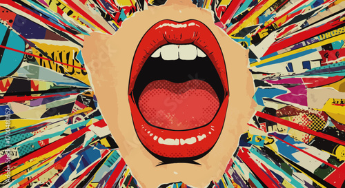 Explosive expression: Pop art mouth screaming against a chaotic backdrop