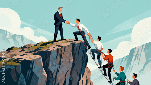Business people climb to the top of the mountain, while leaders help teams climb over the cliff to reach their goals. The business philosophy is about leadership and teamwork